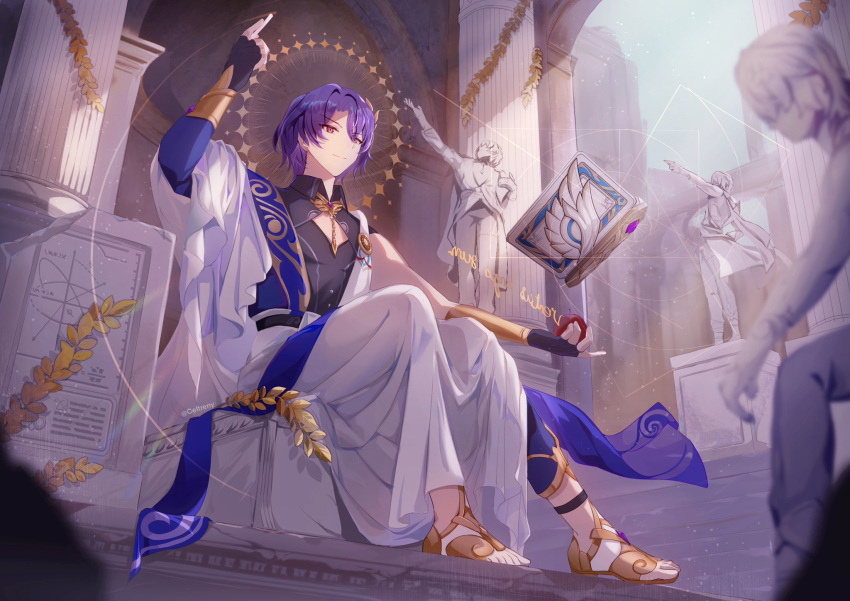 1boy ancient_greek_clothes arm_up black_gloves black_shirt blue_hair celtreny cleavage_cutout closed_mouth clothing_cutout collared_shirt dr._ratio_(honkai:_star_rail) fingerless_gloves gladiator_sandals gloves greco-roman_clothes hair_between_eyes highres honkai:_star_rail honkai_(series) male_focus pectoral_cleavage pectorals sandals shirt short_hair sitting solo statue
