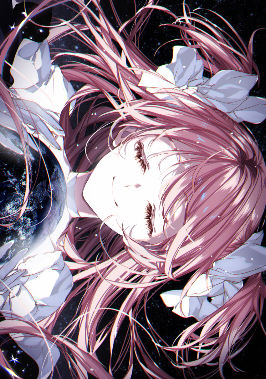 closed_eyes closed_mouth dress earth_(planet) gloves goddess_madoka highres kaname_madoka light_particles long_hair mahou_shoujo_madoka_magica misteor pink_hair planet smile space star_(sky) two_side_up white_dress white_gloves