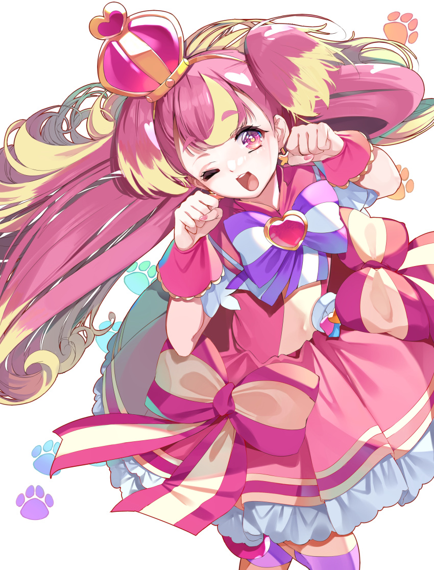 1girl ;d absurdres blonde_hair bow brooch cure_wonderful dress dress_bow earrings fingernails head_tilt heart heart-shaped_pupils heart_brooch highres inukai_komugi jewelry long_hair looking_at_viewer magical_girl multicolored_bow multicolored_hair multicolored_pantyhose one_eye_closed open_mouth pantyhose paw_pose paw_print paw_print_background petticoat pink_dress pink_footwear pink_hair pink_nails pink_wrist_cuffs pouch precure purple_bow shoes short_dress simple_background smile solo standing standing_on_one_leg streaked_hair striped_bow striped_clothes striped_pantyhose symbol-shaped_pupils two-tone_hair two_side_up violet_eyes white_background wonderful_precure! wrist_cuffs yuutarou_(fukiiincho)