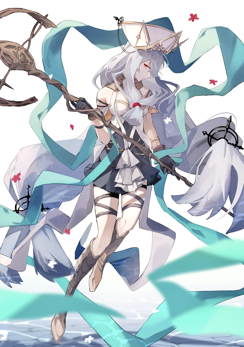 1girl arknights black_dress boots brown_footwear commentary_request dress floating frown grey_hair half-closed_eyes highres hishoti_cheese holding holding_staff long_hair looking_at_viewer low-tied_long_hair official_alternate_costume phoenix_crown red_eyes simple_background skadi_(arknights) skadi_the_corrupting_heart_(arknights) skadi_the_corrupting_heart_(sublimation)_(arknights) solo staff thigh_boots thigh_strap two-tone_dress very_long_hair water white_background white_dress white_headwear