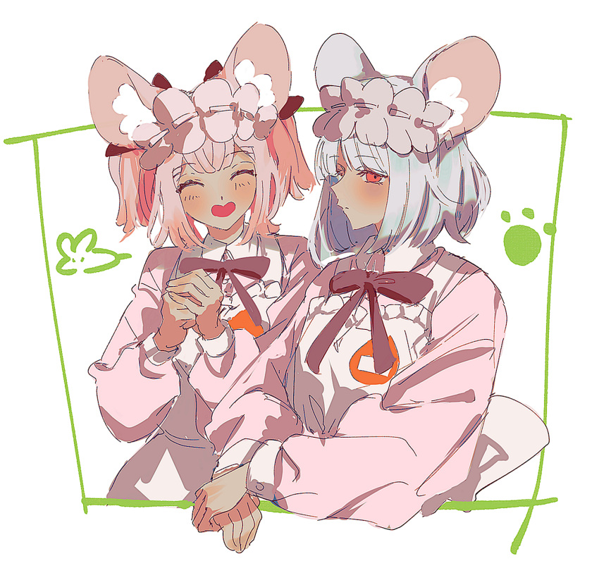 2girls ^_^ animal_ears apron blush bow bowtie closed_eyes closed_mouth collared_dress cropped_torso daikokuten_(fate) dress facing_viewer fate/grand_order fate_(series) grey_hair hairband highres lolita_hairband looking_at_viewer mouse_ears mouse_girl mouse_tail multiple_girls open_mouth own_hands_together paw_print pink_dress pink_hair purple_bow purple_bowtie red_eyes short_hair simple_background smile ss_un17 tail twintails upper_body white_apron white_background