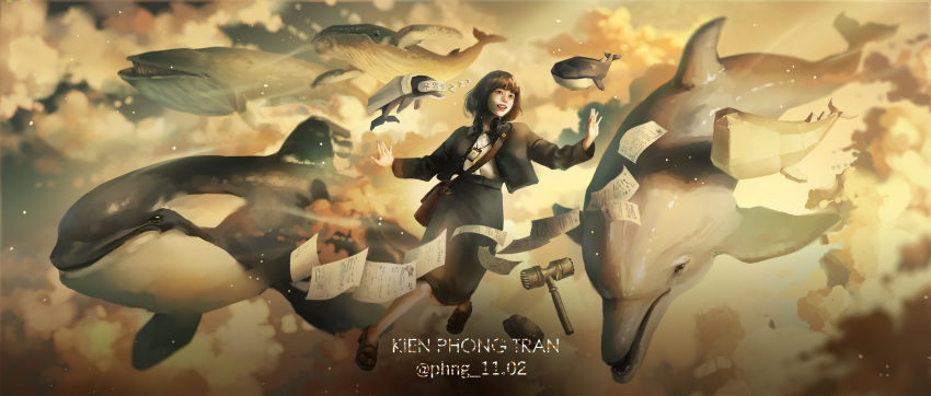 1girl artist_name bag black_hair black_jacket black_skirt blanket brown_hair clouds dolphin english_commentary extraordinary_attorney_woo flying_whale gavel handbag headphones headphones_around_neck highres id_card jacket lanyard long_sleeves low_poly open_mouth orca papers phng_11_02 shoes skirt solo whale woo_young-woo zzz