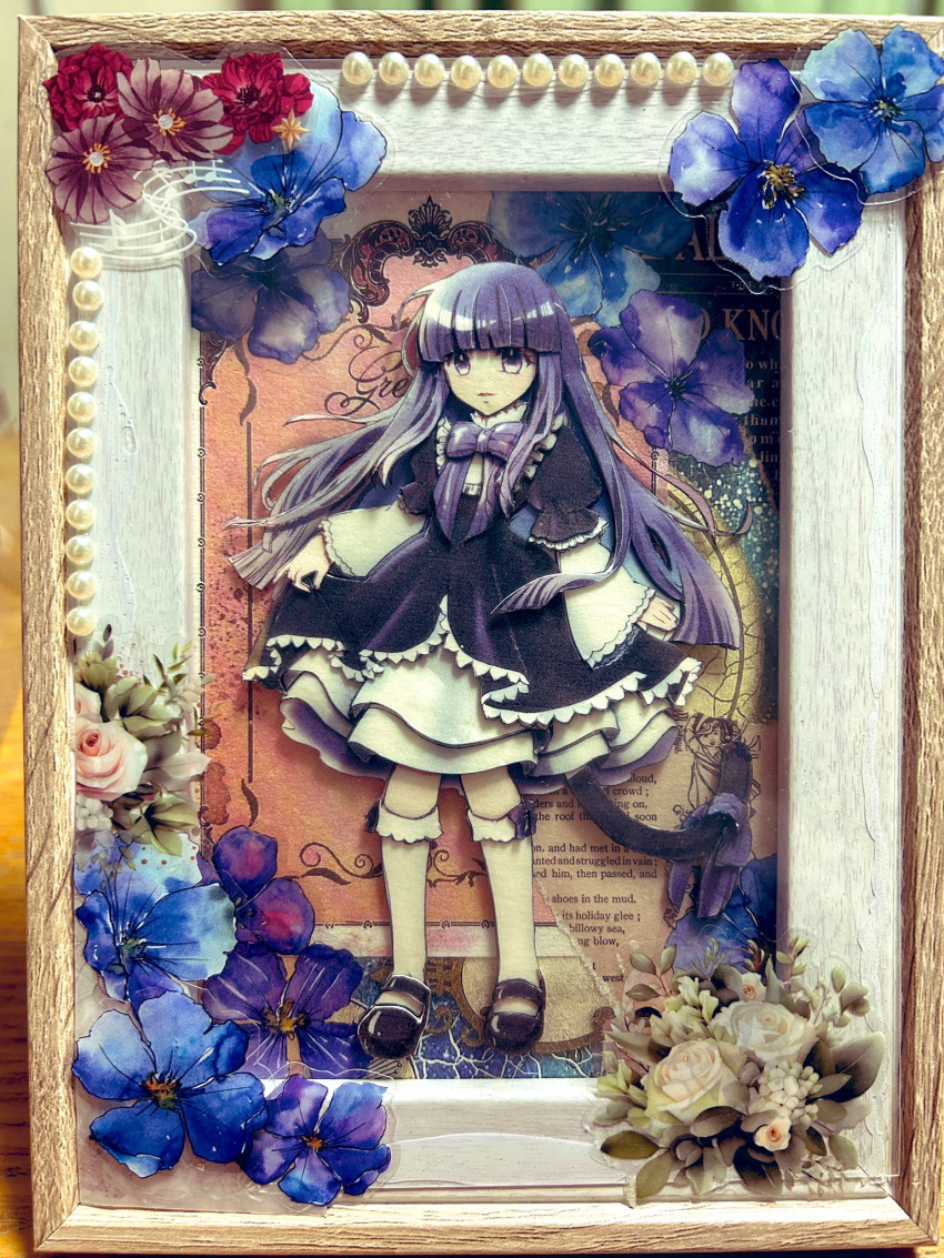 1girl black_dress black_footwear blue_flower blue_hair blunt_bangs blunt_ends bow cat_tail collage dress dress_bow flat_chest flower frederica_bernkastel frilled_dress frilled_sleeves frills full_body highres hime_cut kneehighs layered_dress lolita_fashion long_hair long_sleeves looking_at_viewer mary_janes parted_lips photo_(medium) picture_frame puffy_sleeves red_flower ribbon rose shoes sirase_souya skirt_hold socks solo standing straight_hair tail tail_ornament traditional_media two-tone_dress umineko_no_naku_koro_ni violet_eyes white_flower white_rose white_socks