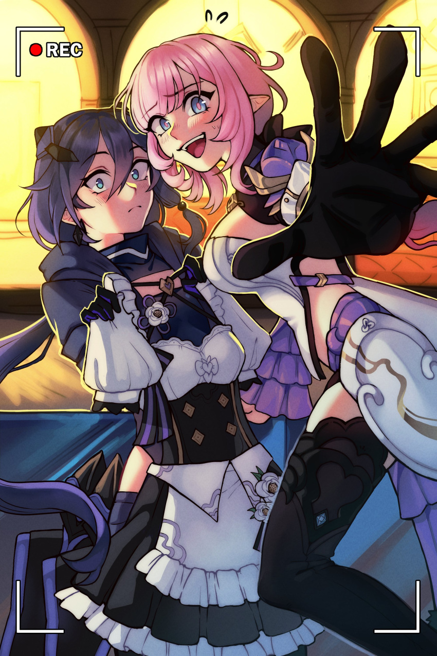 2girls absurdres black_bodysuit black_gloves black_jacket black_shorts black_thighhighs blue_eyes blue_hair blush bodysuit breasts camera catsanie cleavage_cutout clothing_cutout elf elysia_(honkai_impact) elysia_(miss_pink_elf)_(honkai_impact) fu_hua fu_hua_(shadow_knight) gloves grey_hair highres honkai_(series) honkai_impact_3rd jacket long_hair looking_at_viewer low_ponytail maid multiple_girls official_alternate_costume open_clothes open_jacket pink_hair pink_pupils pointy_ears ponytail shorts single_glove thigh-highs