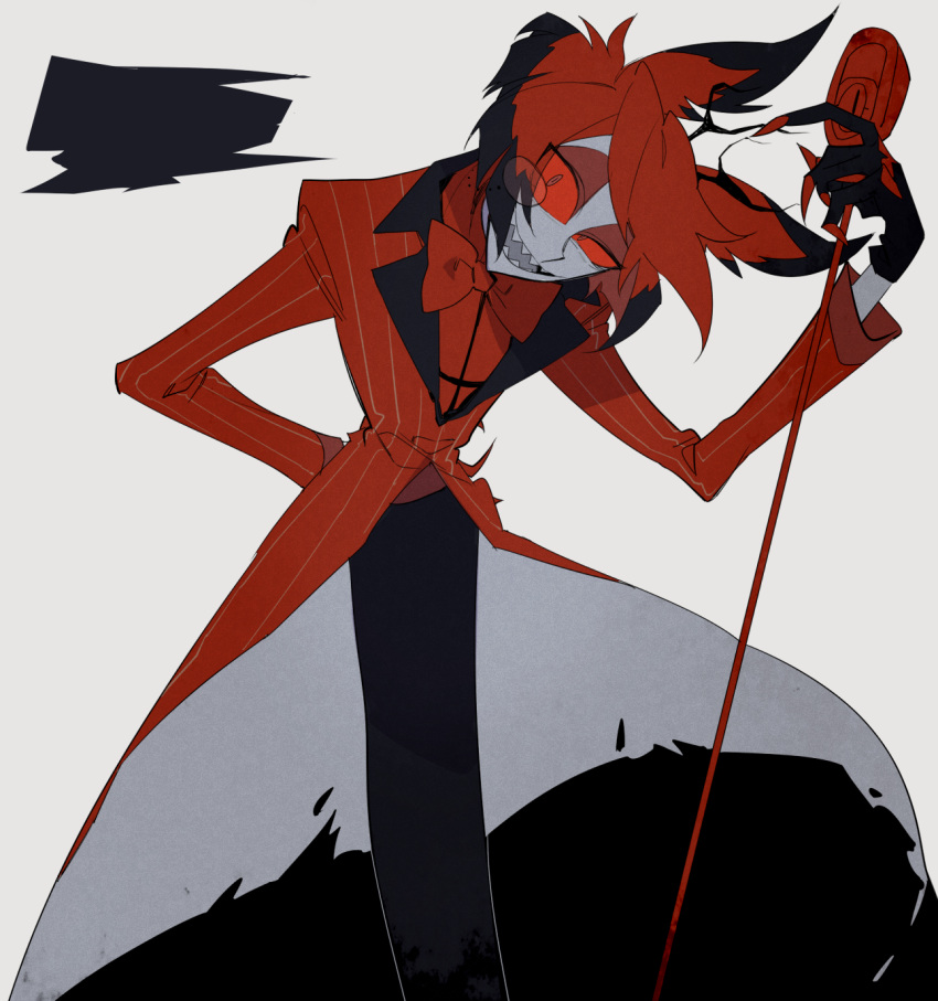 1boy alastor_(hazbin_hotel) antlers arm_behind_back black_hair cane colored_sclera commentary_request deer_antlers formal hazbin_hotel higa423 highres holding holding_cane horns looking_at_viewer male_focus multicolored_hair red_sclera redhead sharp_teeth short_hair simple_background smile suit teeth