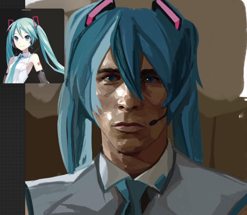 1boy american_psycho aqua_eyes aqua_hair closed_mouth collared_shirt commentary cosplay crossdressing english_commentary expressionless flintliensteel grey_shirt hair_between_eyes hair_ornament hatsune_miku hatsune_miku_(cosplay) headset highres long_hair looking_at_viewer male_focus meme microphone patrick_bateman portrait reference_inset shirt solo straight-on twintails vocaloid
