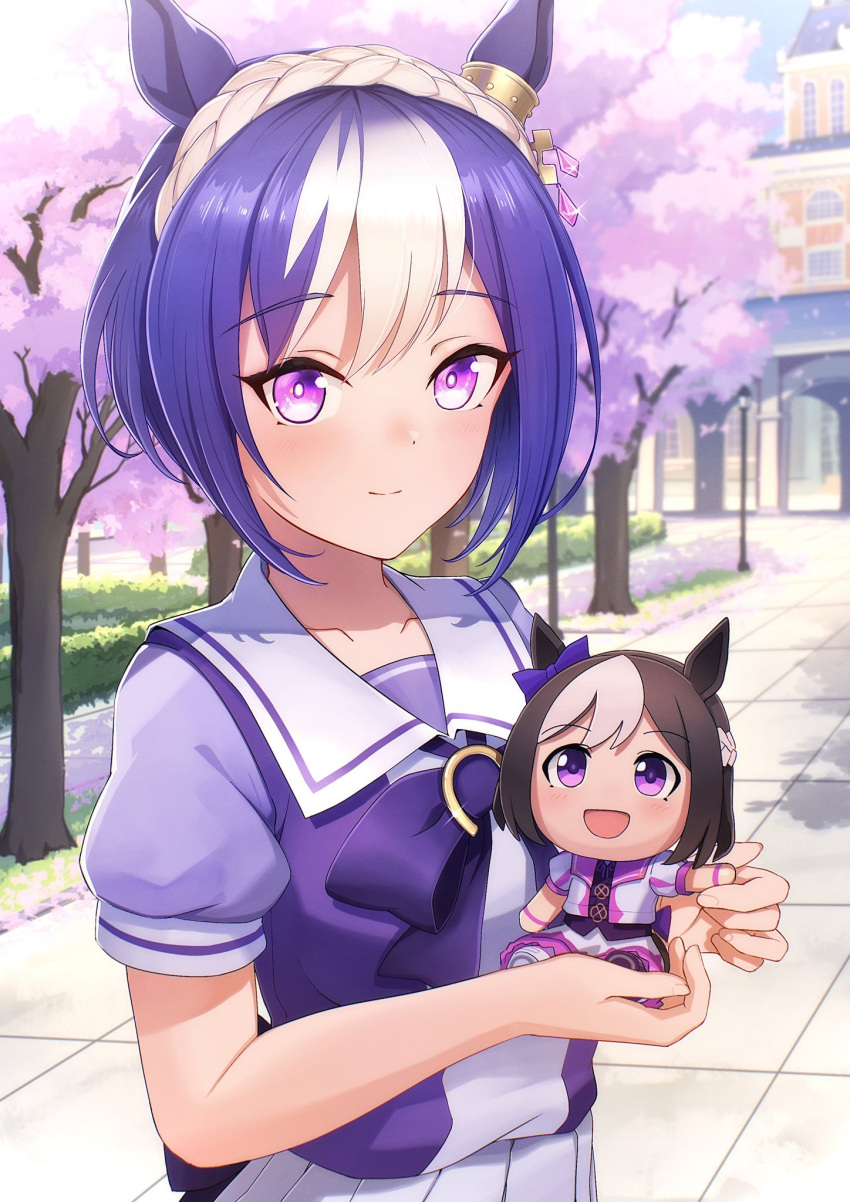 1girl animal_ears blue_hair bow bowtie braid cesario_(umamusume) cherry_blossoms crown_braid doll from_side highres holding holding_doll horse_ears horse_girl looking_at_viewer looking_to_the_side multicolored_hair pleated_skirt ponpochi puffy_short_sleeves puffy_sleeves purple_bow purple_bowtie purple_shirt sailor_collar sailor_shirt school_uniform shirt short_hair short_sleeves skirt smile solo special_week_(umamusume) tracen_academy tracen_school_uniform two-tone_hair umamusume violet_eyes white_hair white_skirt