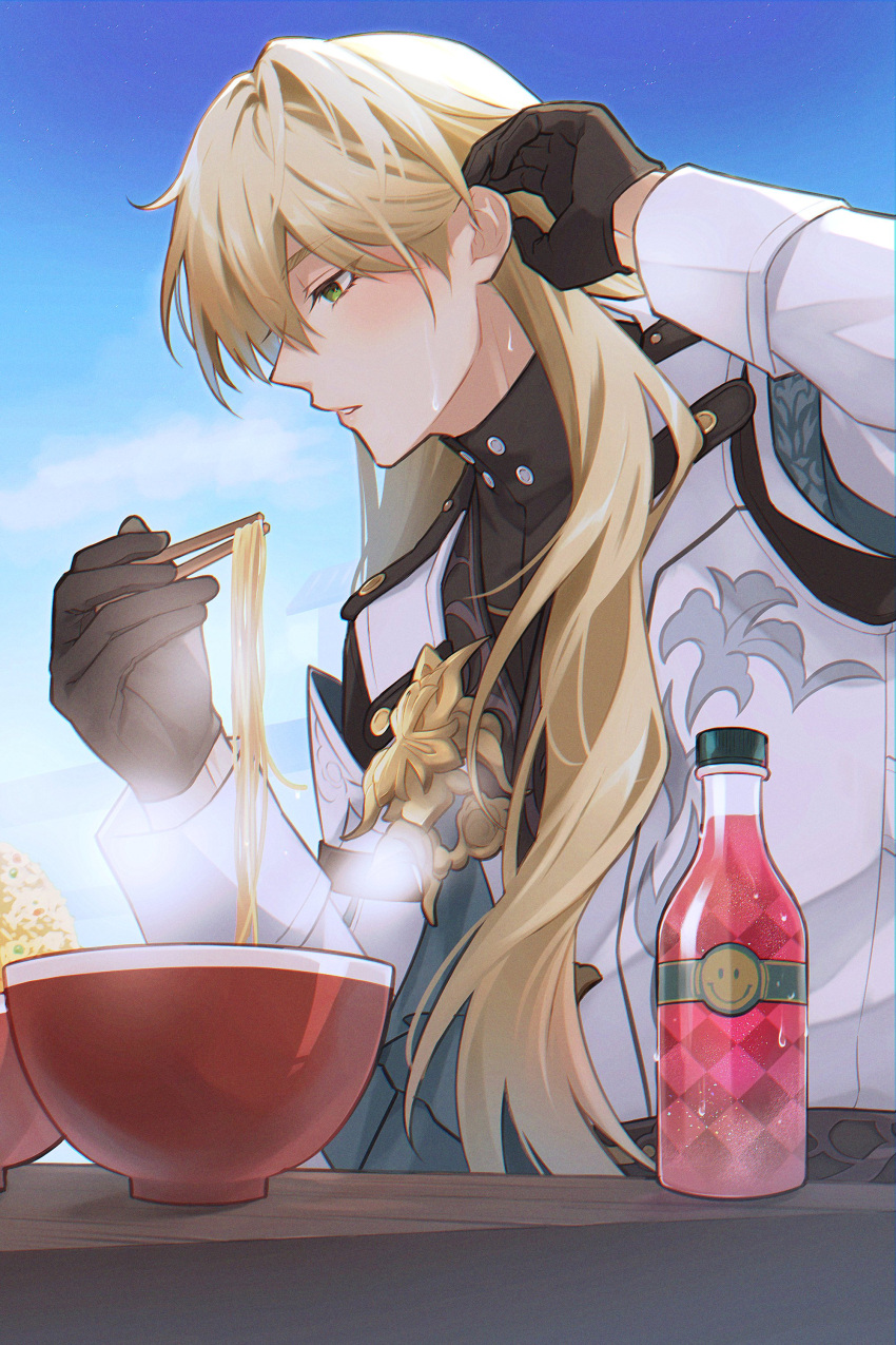 1boy absurdres adjusting_hair aqua_ribbon arm_up black_gloves black_shirt blonde_hair blue_sky blush bottle bowl chopsticks clouds coat commentary_request day eyelashes food gloves green_eyes hair_behind_ear hair_between_eyes hand_up highres holding holding_chopsticks honkai:_star_rail honkai_(series) long_hair long_sleeves luocha_(honkai:_star_rail) male_focus noodles outdoors parted_lips profile ramen ribbon rice shirt sky sleeve_cuffs smiley_face solo steam sweat table turtleneck upper_body white_coat ydm_sushi