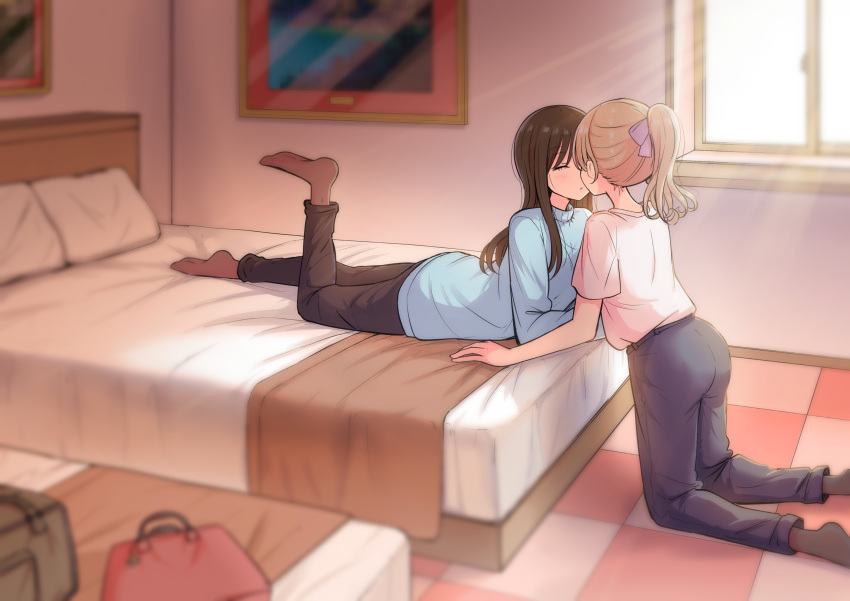 2girls bed bedroom betock black_socks blonde_hair blue_pants blue_sweater blurry blurry_foreground brown_pants closed_eyes commentary_request day hair_ribbon highres imminent_kiss indoors kneeling long_hair long_sleeves lying multiple_girls on_stomach original painting_(object) pants parted_lips pillow ponytail purple_ribbon ribbon shirt short_sleeves socks sweater white_shirt yuri