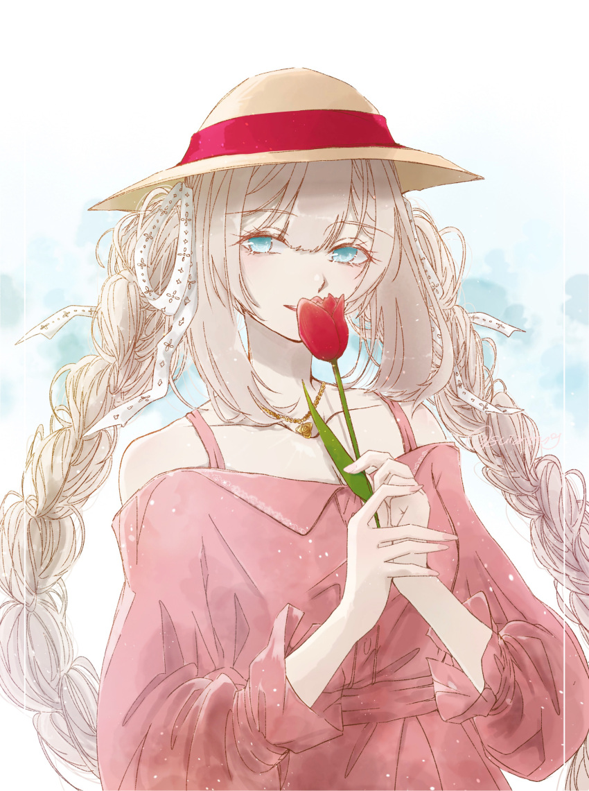 1girl absurdres aqua_eyes braid dress fate/grand_order fate_(series) flower grey_hair hair_ribbon hat highres holding holding_flower jewelry long_hair long_sleeves looking_at_viewer marie_antoinette_(fate) marie_antoinette_(under_the_same_sky)_(fate) necklace parted_lips pink_dress red_flower ribbon simple_background smile solo spaghetti_strap sui_(suimiiin9) sun_hat tulip twin_braids upper_body white_ribbon