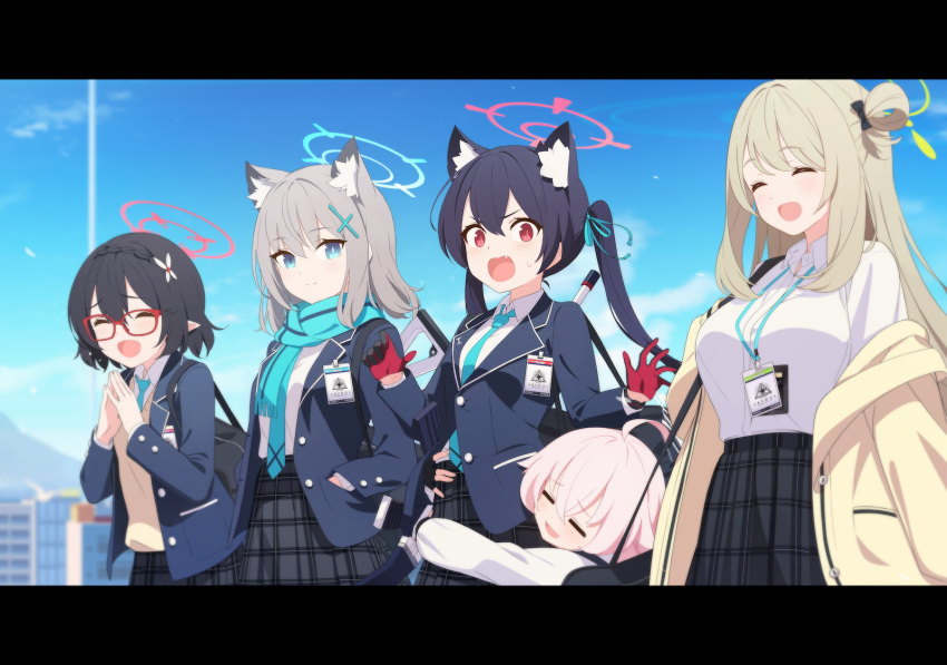 5girls ^_^ animal_ear_fluff animal_ears ayane_(blue_archive) black_hair blue_archive blue_scarf blue_sky cat_ears city closed_eyes closed_mouth cross_hair_ornament doremi fang foreclosure_task_force_(blue_archive) game_cg glasses green_halo grey_hair hair_ornament hairclip halo highres hoshino_(blue_archive) hug hug_from_behind id_card letterboxed light_brown_hair long_hair mismatched_pupils multiple_girls non-web_source nonomi_(blue_archive) official_art open_mouth pink_hair pink_halo pleated_skirt pointy_ears red-framed_eyewear red_halo scarf school_uniform serika_(blue_archive) shiroko_(blue_archive) short_hair skirt sky sweatdrop twintails vest wolf_ears