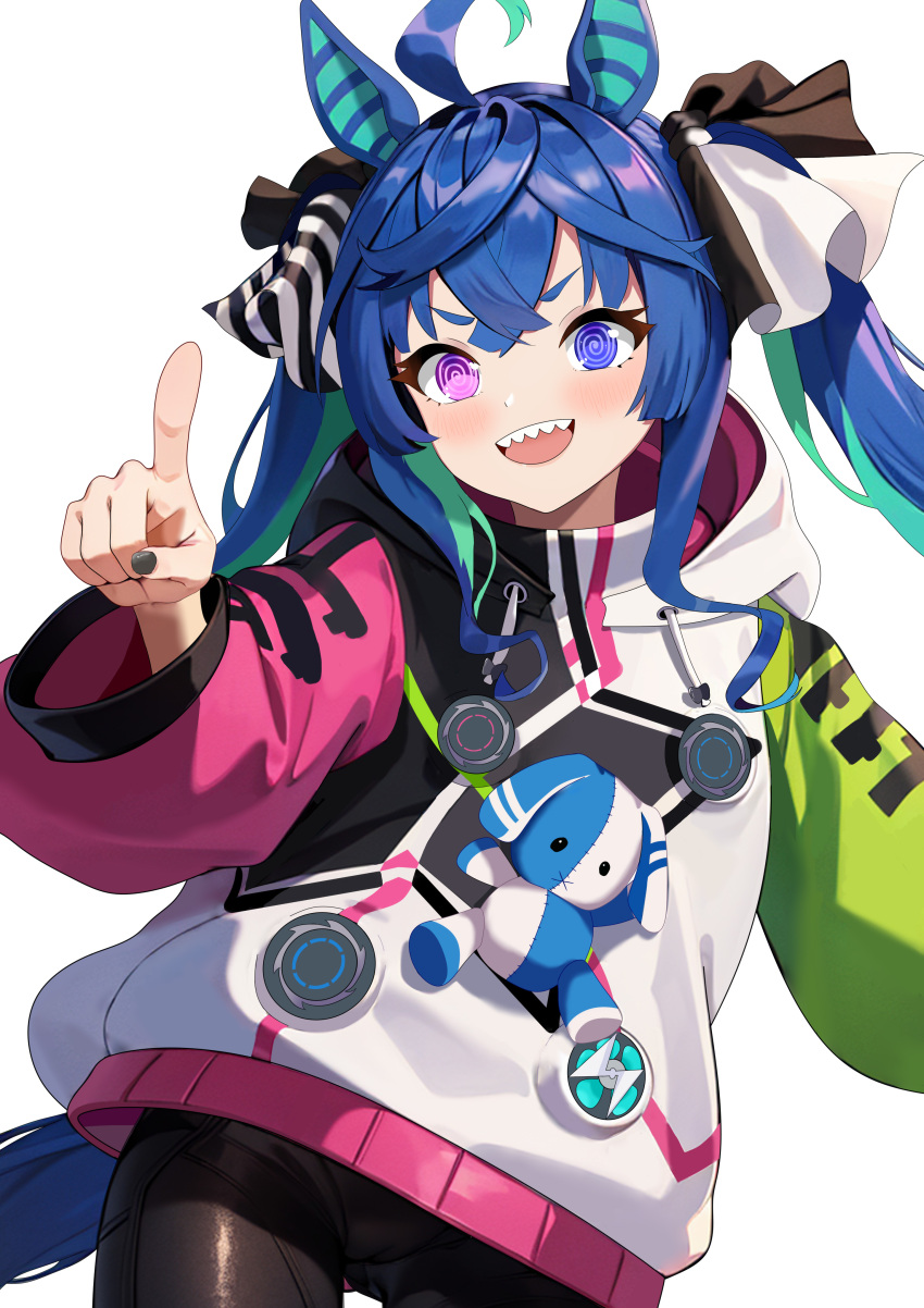 1girl absurdres ahoge animal_ears aqua_hair baozi_9527 black_bodysuit black_ribbon blue_eyes blue_hair bodysuit chinese_commentary coat commentary_request cowboy_shot crossed_bangs drawstring hair_ribbon heterochromia highres hood hood_down hooded_coat horse_ears horse_girl horse_tail long_hair long_sleeves looking_at_viewer mixed-language_commentary multicolored_coat multicolored_hair open_mouth partial_commentary pointing pointing_at_viewer ribbon sharp_teeth sidelocks simple_background smile solo standing stuffed_animal stuffed_rabbit stuffed_toy tail teeth twin_turbo_(umamusume) twintails two-tone_hair umamusume violet_eyes white_background