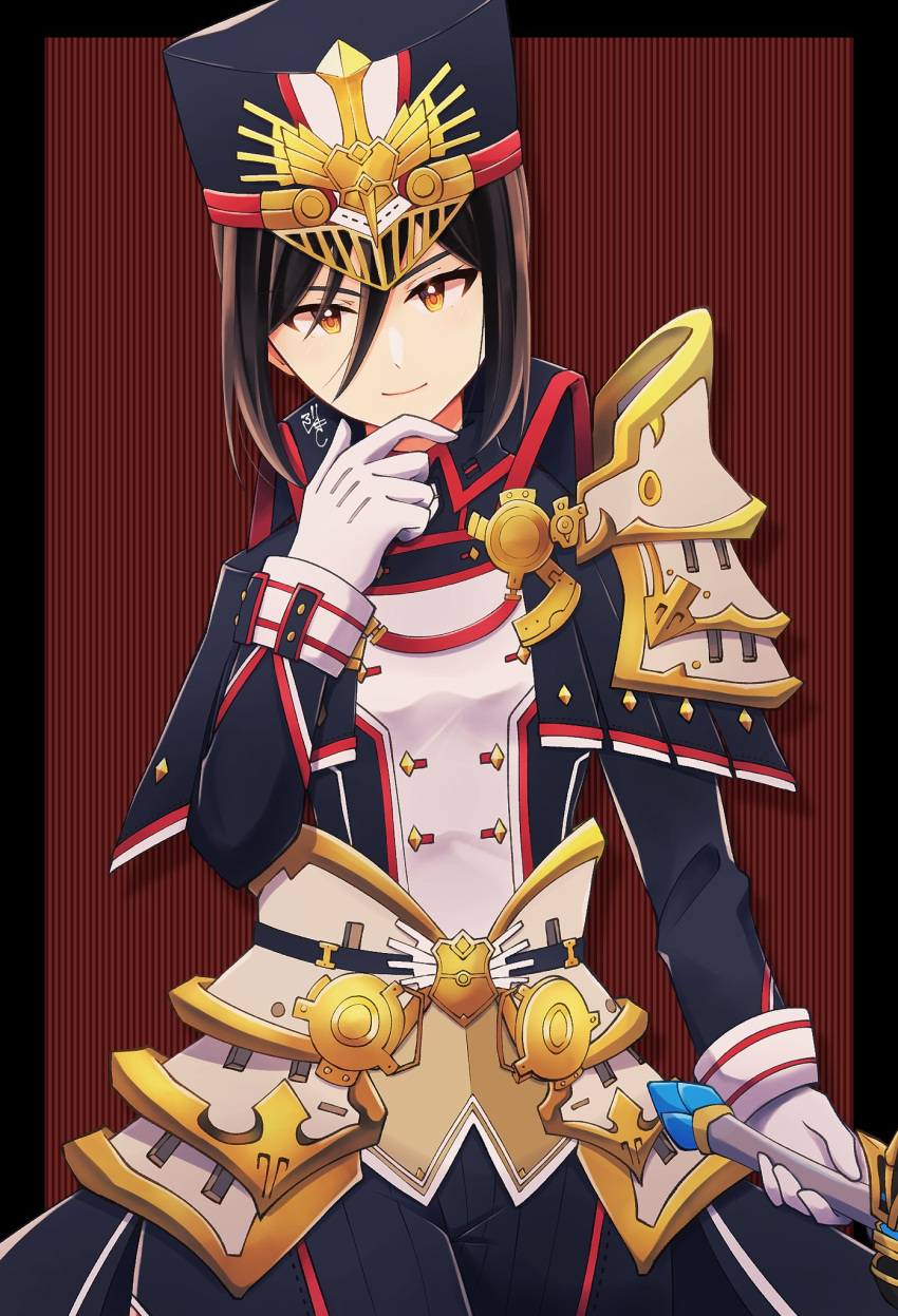 1girl black_border black_hair black_headwear black_jacket black_pants border brown_eyes closed_mouth commentary_request dlllll_lllllb gloves hair_between_eyes highres holding jacket long_sleeves looking_at_viewer morag_ladair_(xenoblade) pants smile solo striped_background white_gloves xenoblade_chronicles_(series) xenoblade_chronicles_2