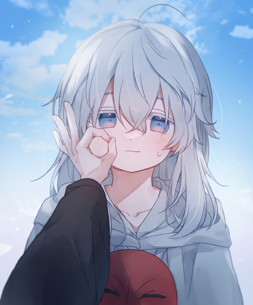 1boy ahoge androgynous blue_eyes blue_sky capelet cheek_pull chibi chibi_only clouds collarbone colored_eyelashes commentary_request crossed_bangs day final_fantasy final_fantasy_xiv grey_capelet grey_hair hand_on_another's_cheek hand_on_another's_face highres hoban_rkgk hood hood_down hooded_capelet korean_commentary long_sleeves looking_at_viewer male_focus mask mask_around_neck medium_hair out_of_frame outdoors pov pov_hands sky solo_focus sweatdrop themis_(ff14) unworn_mask upper_body