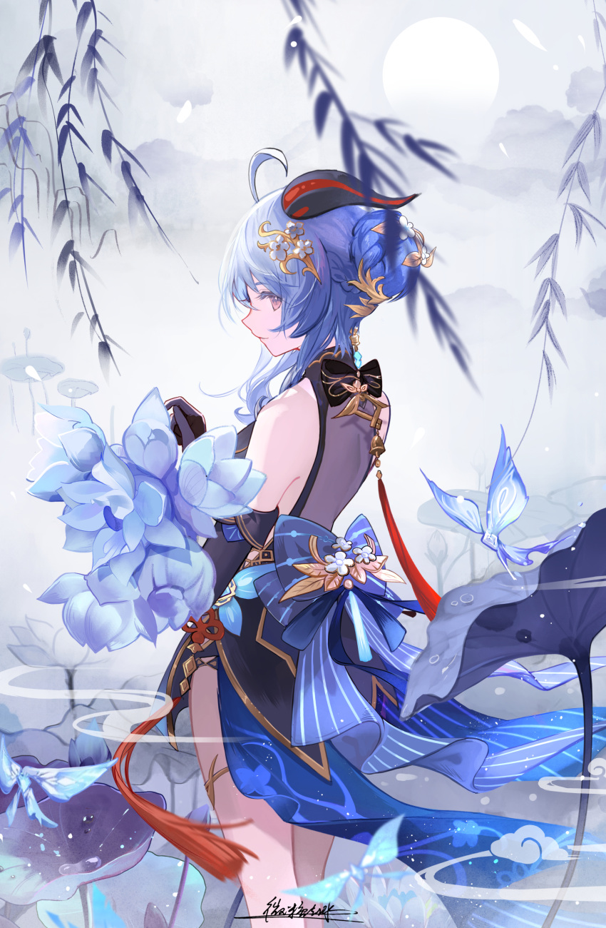 1girl absurdres ahoge back_bow bare_shoulders black_bow black_dress black_gloves blue_bow blue_dress blue_flower blue_hair blurry blurry_foreground bow braid chinese_clothes chinese_commentary closed_mouth crystalfly_(genshin_impact) dress egasumi elbow_gloves falling_petals flower flower_knot flower_request fog from_side full_moon ganyu_(genshin_impact) ganyu_(twilight_blossom)_(genshin_impact) genshin_impact gloves goat_horns gold_trim gradient_eyes hair_bun hair_flower hair_ornament hand_up highres holding holding_flower horns issign leaf long_hair looking_at_viewer looking_to_the_side lotus moon multicolored_clothes multicolored_dress multicolored_eyes official_alternate_costume official_alternate_hairstyle outdoors petals profile qingxin_flower sideways_glance signature sleeveless sleeveless_dress smile solo standing striped_clothes tassel thighlet thighs violet_eyes water_drop