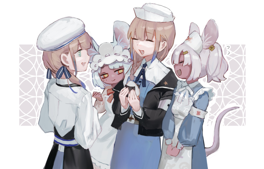 1other 3girls adapted_costume animal_ears apron aqua_eyes armband baker_nemo_(fate) black_jacket blue_dress blue_ribbon blush braid closed_eyes colored_tips daikokuten_(fate) dark-skinned_female dark_skin dress facing_another fate/grand_order fate_(series) flying_sweatdrops food hair_ribbon hairband half-closed_eyes highres jacket light_blush light_brown_hair lolita_hairband mouse_ears mouse_girl mouse_tail multicolored_hair multiple_girls neck_ribbon nemo_(fate) nurse_nemo_(fate) onigiri open_clothes open_jacket open_mouth outline red_eyes red_ribbon ribbon shirt sidelocks simple_background smile tail two_side_up ubwmitekure white_apron white_hair white_headwear white_outline white_ribbon white_shirt yellow_pupils