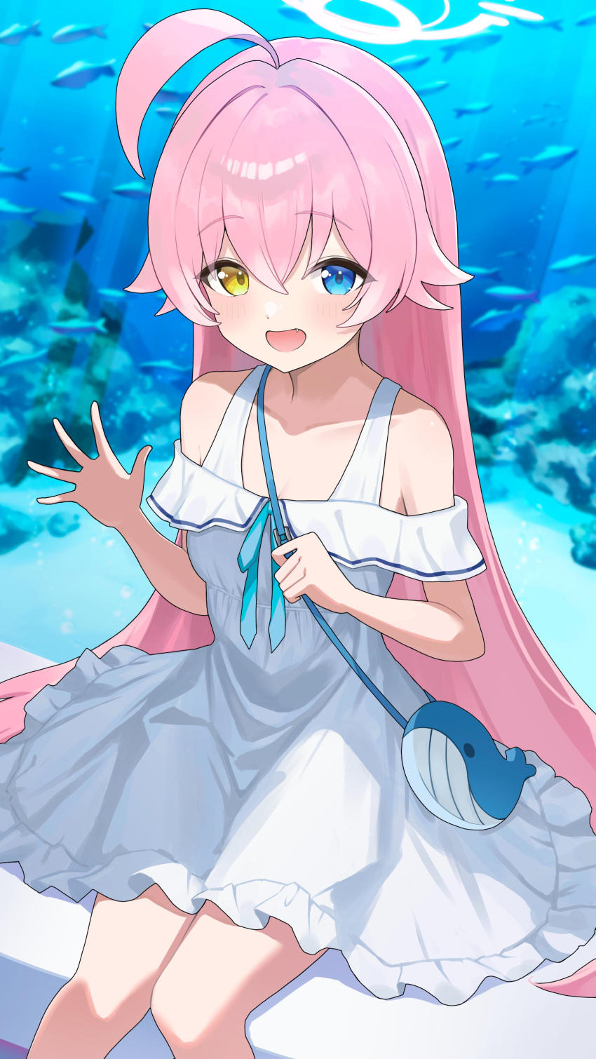 1girl absurdres ahoge aquarium bag blue_archive blue_eyes blush commentary_request dress fish frilled_dress frills hair_between_eyes halo heterochromia highres hoshino_(blue_archive) kokoa_of long_hair looking_at_viewer official_alternate_costume open_mouth pink_hair pink_halo shoulder_bag sitting smile solo white_dress yellow_eyes