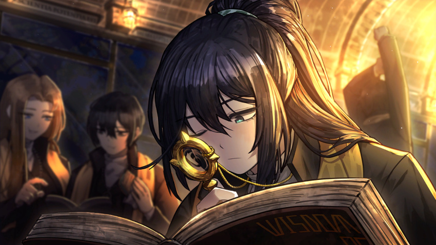1girl 2boys black_hair black_robe blue_eyes book brown_hair closed_mouth game_cg highres holding holding_key hong_lu_(project_moon) indoors key limbus_company long_hair male_focus multiple_boys nai_ga official_art one_eye_closed ponytail project_moon reading robe rodion_(project_moon) short_hair solo_focus yi_sang_(project_moon)