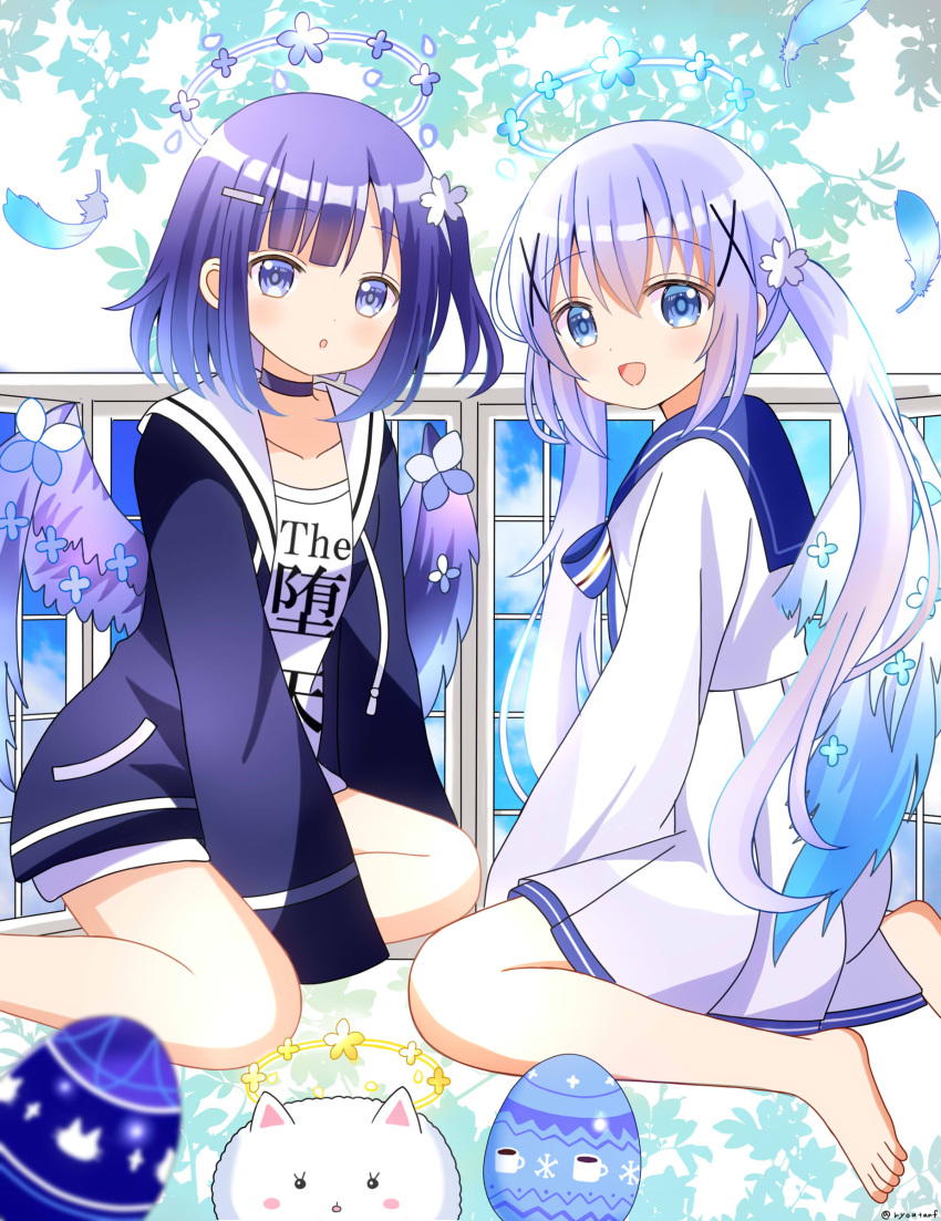 2girls :d :o absurdres barefoot between_legs black_choker black_jacket blue_eyes blue_feathers blue_hair blue_sailor_collar blue_sky blue_wings choker clothes_writing clouds collarbone commentary_request day drawstring egg feathers flower fuiba_fuyu gochuumon_wa_usagi_desu_ka? hair_flower hair_ornament hairclip halo hand_between_legs highres jacket kafuu_chino long_sleeves multiple_girls one_side_up open_clothes open_jacket parted_lips pleated_skirt puffy_long_sleeves puffy_sleeves purple_wings ryoutan sailor_collar shirt skirt sky smile tippy_(gochiusa) twintails twitter_username white_flower white_shirt white_skirt white_wings window wings x_hair_ornament