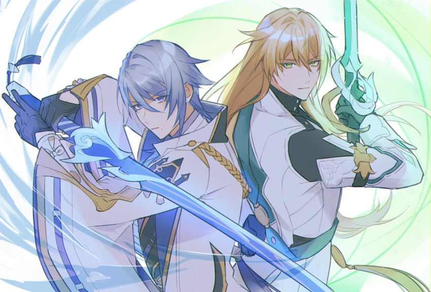 2boys aiguillette aqua_ribbon arm_up back-to-back black_gloves black_shirt blonde_hair blue_hair closed_mouth coat commentary_request company_connection energy floating_hair frown genshin_impact gloves gold_trim green_eyes hair_between_eyes half_gloves hand_up haran_geppaku_futsu_(genshin_impact) highres holding holding_sword holding_weapon honkai:_star_rail honkai_(series) jacket kamisato_ayato lapels long_hair long_sleeves looking_at_viewer luocha_(honkai:_star_rail) male_focus mole mole_under_mouth multiple_boys open_clothes open_jacket ribbon serious shirt short_hair sidelocks simple_background sword tassel turtleneck upper_body very_long_hair violet_eyes weapon white_background white_coat white_jacket wide_sleeves ydm_sushi