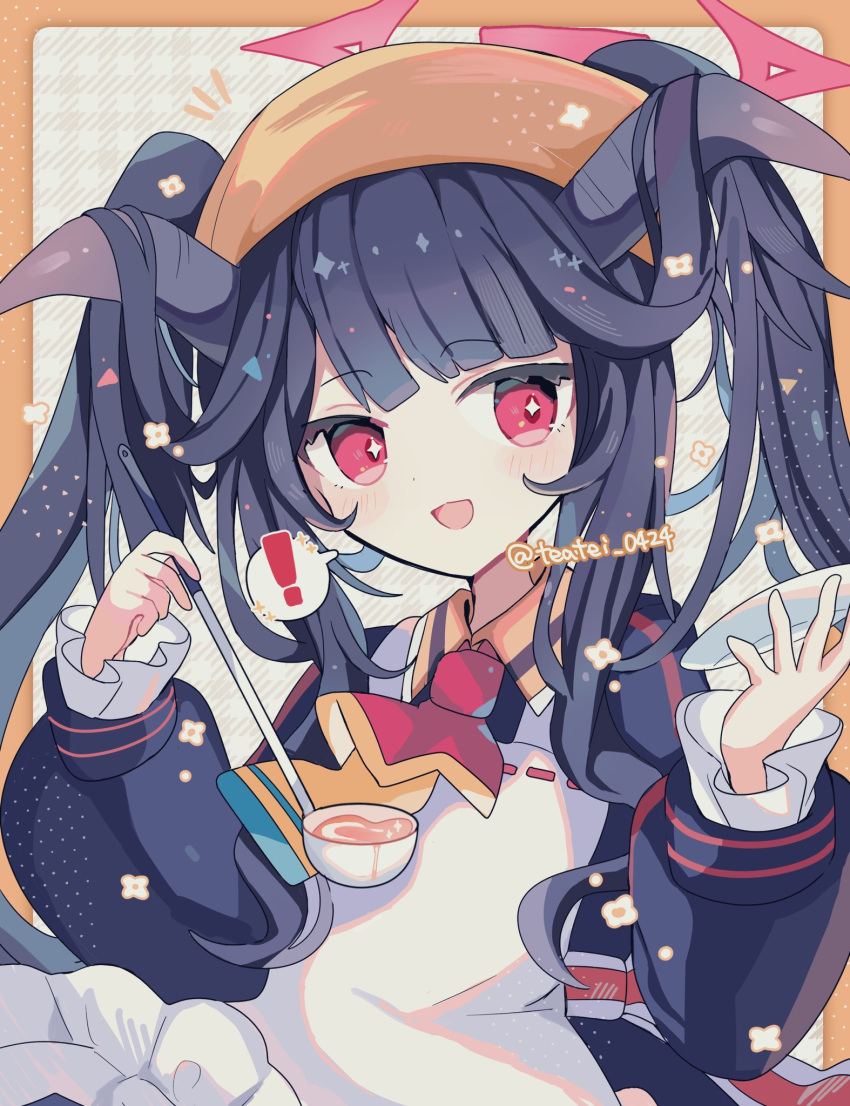 ! 1girl apron ascot black_dress black_hair black_horns blue_archive blush demon_horns dress fuuka_(blue_archive) halo head_scarf highres holding holding_ladle horns ladle long_hair long_sleeves open_mouth puffy_long_sleeves puffy_sleeves red_ascot red_eyes red_halo shirocha_tei smile solo spoken_exclamation_mark twitter_username white_apron yellow_headwear