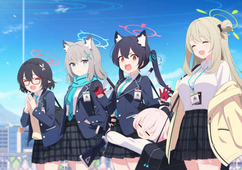 5girls ^_^ animal_ear_fluff animal_ears ayane_(blue_archive) black_hair blue_archive blue_scarf blue_sky cat_ears city closed_eyes closed_mouth cross_hair_ornament doremi fang foreclosure_task_force_(blue_archive) game_cg glasses green_halo grey_hair hair_ornament hairclip halo highres hoshino_(blue_archive) hug hug_from_behind id_card light_brown_hair long_hair mismatched_pupils multiple_girls non-web_source nonomi_(blue_archive) official_art open_mouth pink_hair pink_halo pleated_skirt pointy_ears red-framed_eyewear red_halo scarf school_uniform serika_(blue_archive) shiroko_(blue_archive) short_hair skirt sky sweatdrop twintails vest wolf_ears