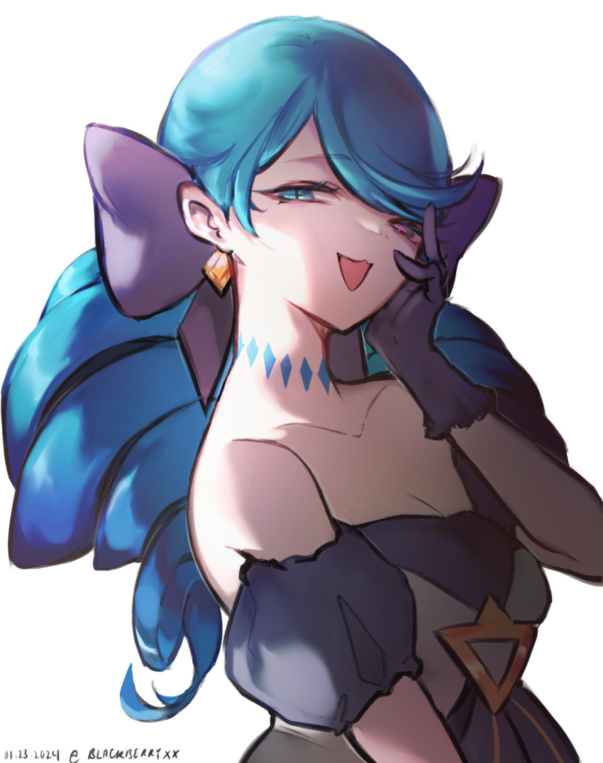 1girl :3 :d artist_name bare_shoulders blackberry4400 blue_eyes blue_hair breasts collarbone dated earrings gloves gwen_(league_of_legends) hair_over_one_eye highres jewelry league_of_legends long_hair looking_at_viewer open_mouth simple_background slit_pupils smile solo twin_drills twintails white_background