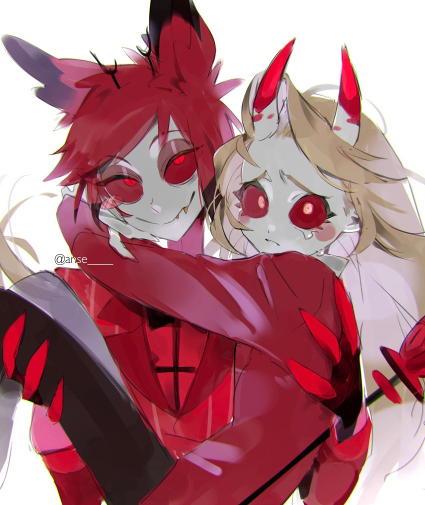 1boy 1girl alastor_(hazbin_hotel) anose black_hair blonde_hair carrying carrying_person charlie_morningstar colored_sclera commentary_request crying demon_boy demon_girl demon_horns hazbin_hotel highres horns long_hair looking_at_viewer multicolored_hair princess_carry red_eyes red_sclera short_hair simple_background smile upper_body