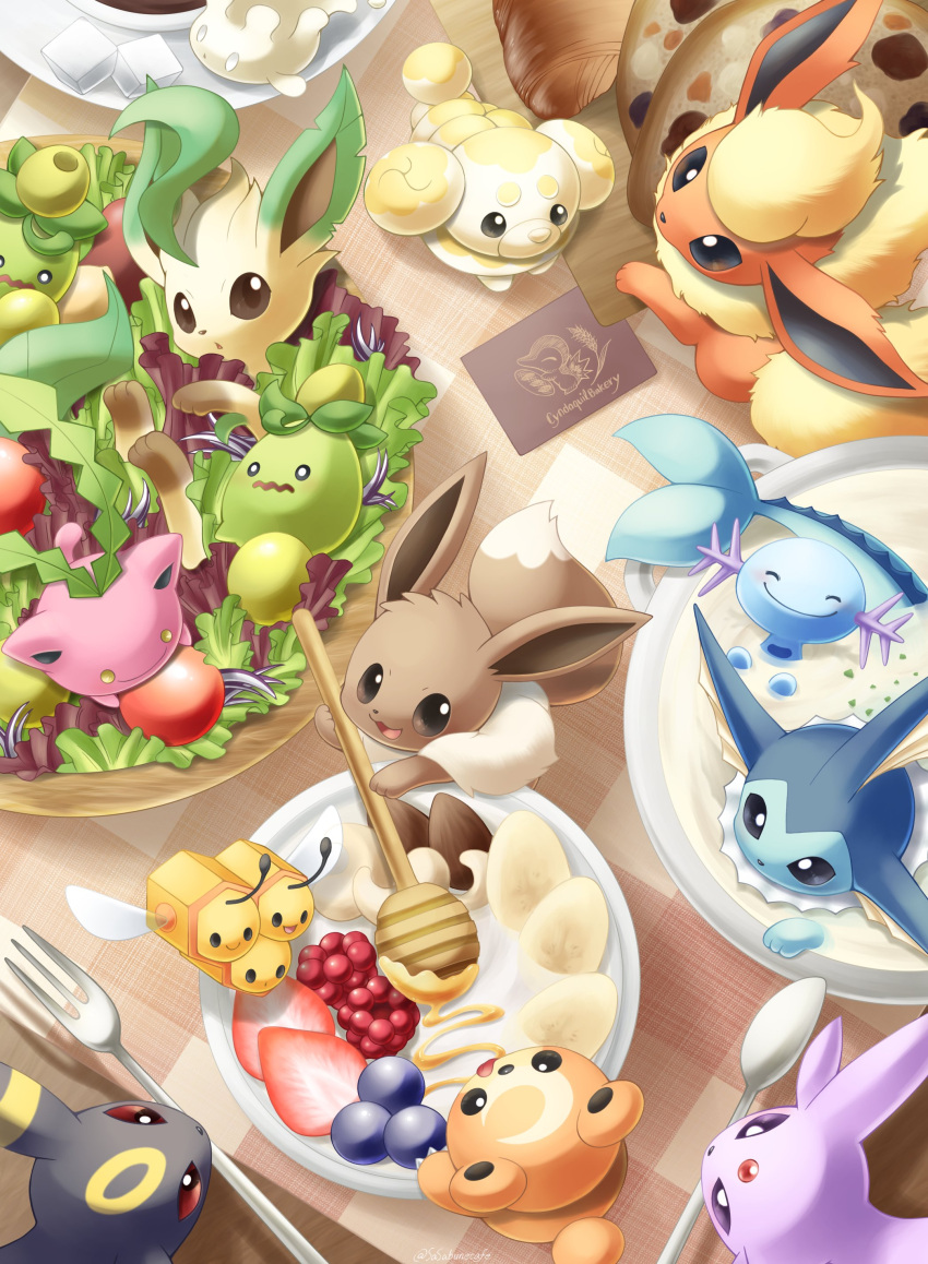 :3 :d :o ^_^ absurdres almond antennae black_eyes blueberry bowl bright_pupils business_card cherry_tomato closed_eyes closed_mouth combee commentary crescent eevee english_commentary espeon fidough flareon food forehead_jewel fork fruit happy highres holding honey honey_dipper hoppip in_food leafeon lettuce licking_lips milcery mouth_hold no_humans o_o open_mouth partially_submerged plaid plate pokemon pokemon_(creature) raspberry red_eyes salad sasabunecafe smile smoliv snivy spoon strawberry strawberry_slice sugar_cube teddiursa tomato tongue tongue_out umbreon v-shaped_eyebrows vaporeon violet_eyes wavy_mouth white_eyes white_pupils wooper yellow_eyes yogurt