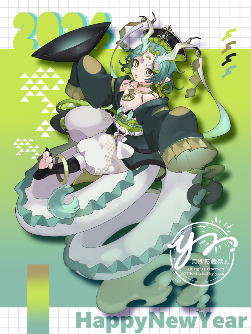 1boy 2024 25_yazu :o androgynous antlers artist_name baggy_pants bridal_legwear chinese_zodiac claws color_guide colored_inner_hair colored_tongue dated dragon_boy dragon_tail ear_covers earrings english_commentary english_text eyeshadow full_body fur-tipped_tail gradient_background green_background green_eyes green_eyeshadow green_hair green_scales green_theme green_tongue grid_background happy_new_year headwear_request highres holding horn_ornament horns japanese_clothes jewelry kariginu long_sleeves looking_at_viewer makeup male_focus multicolored_hair multiple_horns new_year obi obiage obijime original oversized_clothes pants pleated_sleeves pointy_ears sash scales short_eyebrows short_hair skin-covered_horns sleeves_past_fingers sleeves_past_wrists small_horns solo tail tassel tassel_earrings thick_eyebrows uroko_(pattern) very_long_tail watermark white_pants wide_sleeves year_of_the_dragon