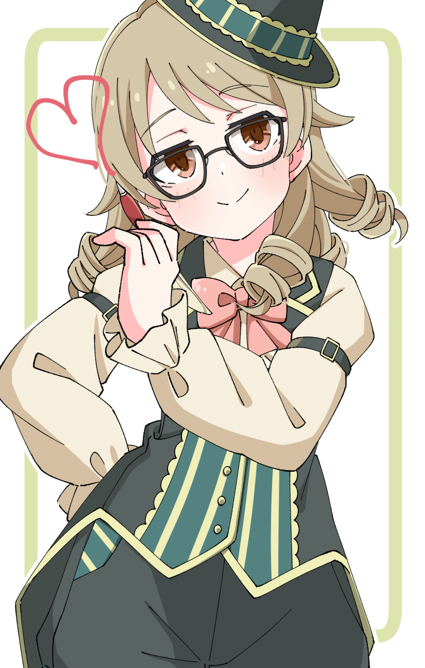 1girl absurdres arm_behind_back arm_belt black-framed_eyewear border bow bowtie brown_eyes collared_shirt commentary_request drill_hair frilled_sleeves frills glasses green_headwear green_pants green_vest hair_flaps hand_up hat head_tilt heart highres idolmaster idolmaster_cinderella_girls light_brown_hair long_sleeves looking_at_viewer mako640 morikubo_nono pants pink_bow pink_bowtie shirt simple_background smug solo striped_clothes vertical-striped_clothes vest waistcoat