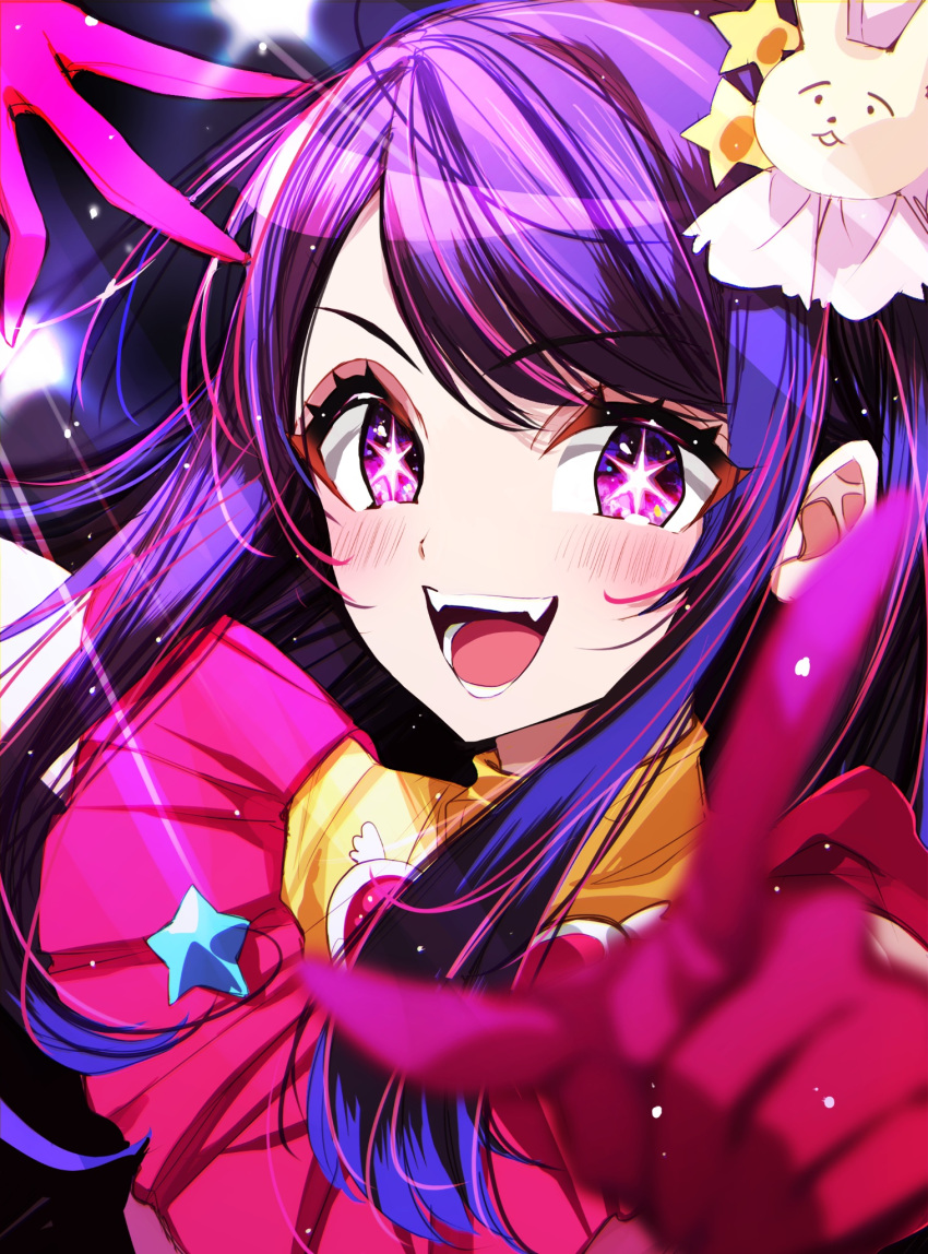 1girl dress fangs gloves hair_ornament highres idol idol_clothes looking_at_viewer misteor open_mouth pink_dress pink_gloves pointing pointing_at_viewer purple_hair rabbit_hair_ornament solo star-shaped_pupils star_(symbol) star_in_eye symbol-shaped_eyes symbol-shaped_pupils symbol_in_eye teeth