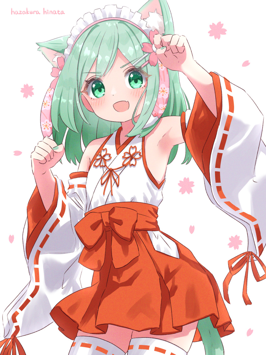 1girl :d absurdres adapted_uniform animal_ear_fluff animal_ears armpits artist_name cat_ears cat_girl cat_tail cherry_blossoms clenched_hand cowboy_shot detached_sleeves dot_nose fang flower green_eyes green_hair green_nails hair_flower hair_ornament hairclip hands_up hazakura_hinata highres japanese_clothes looking_at_viewer medium_hair miko nail_polish open_mouth original paw_pose red_skirt ribbon-trimmed_sleeves ribbon_trim simple_background skin_fang skirt smile solo tail thigh-highs variant_set white_background white_thighhighs wide_sleeves