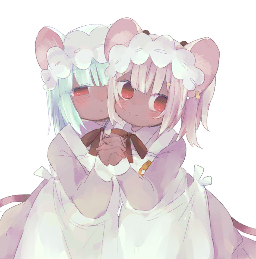 2girls animal_ears apron aqua_hair closed_mouth daikokuten_(fate) dark-skinned_female dark_skin dress fate/grand_order fate_(series) grey_dress hairband highres holding_hands lolita_hairband looking_at_viewer medium_hair mouse_ears mouse_girl mouse_tail multiple_girls pink_hair red_eyes simple_background smile tail white_apron white_background yuzuriha_nyan