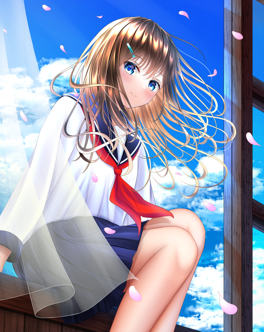 1girl absurdres blue_eyes blush brown_hair curtains day hair_ornament hairclip highres long_hair long_sleeves looking_at_viewer neckerchief open_window original petals pleated_skirt school_uniform serafuku sitting skirt sky smile solo wabi_chazuke wind window