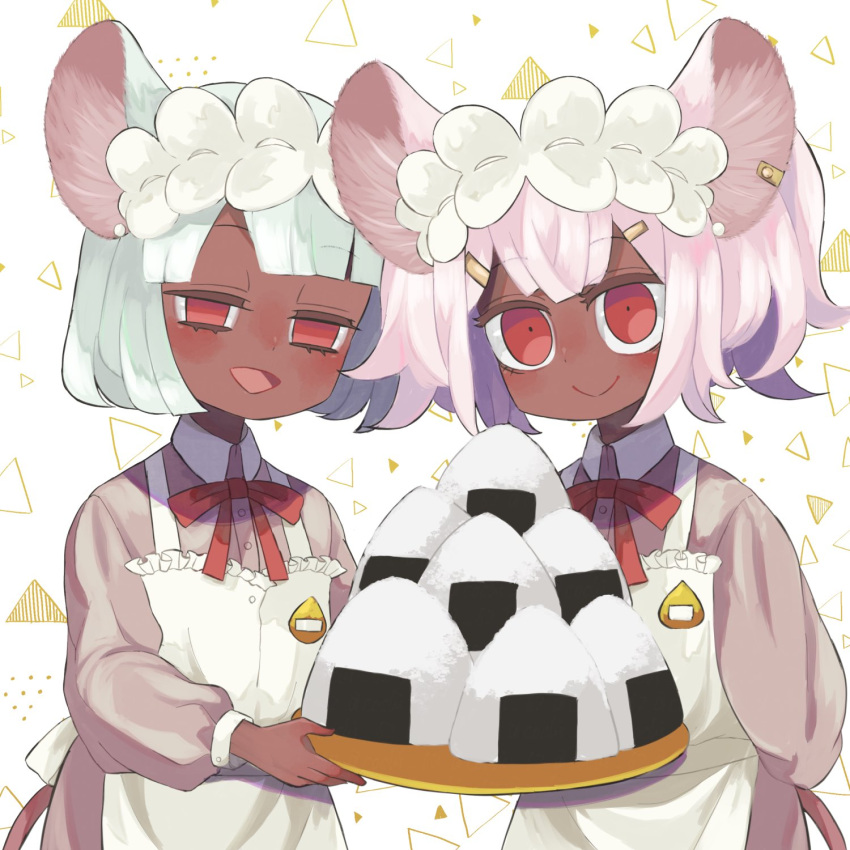 2girls animal_ears apron blush closed_mouth collared_dress daikokuten_(fate) dark-skinned_female dark_skin dress fate/grand_order fate_(series) food grey_dress hairband half-closed_eyes highres holding holding_tray lolita_hairband looking_at_viewer mouse_ears mouse_girl mouse_tail multiple_girls neck_ribbon onigiri open_mouth pink_hair red_eyes red_ribbon ribbon shiraisado_cochi short_hair simple_background smile tail tray twintails upper_body white_apron white_background white_hair