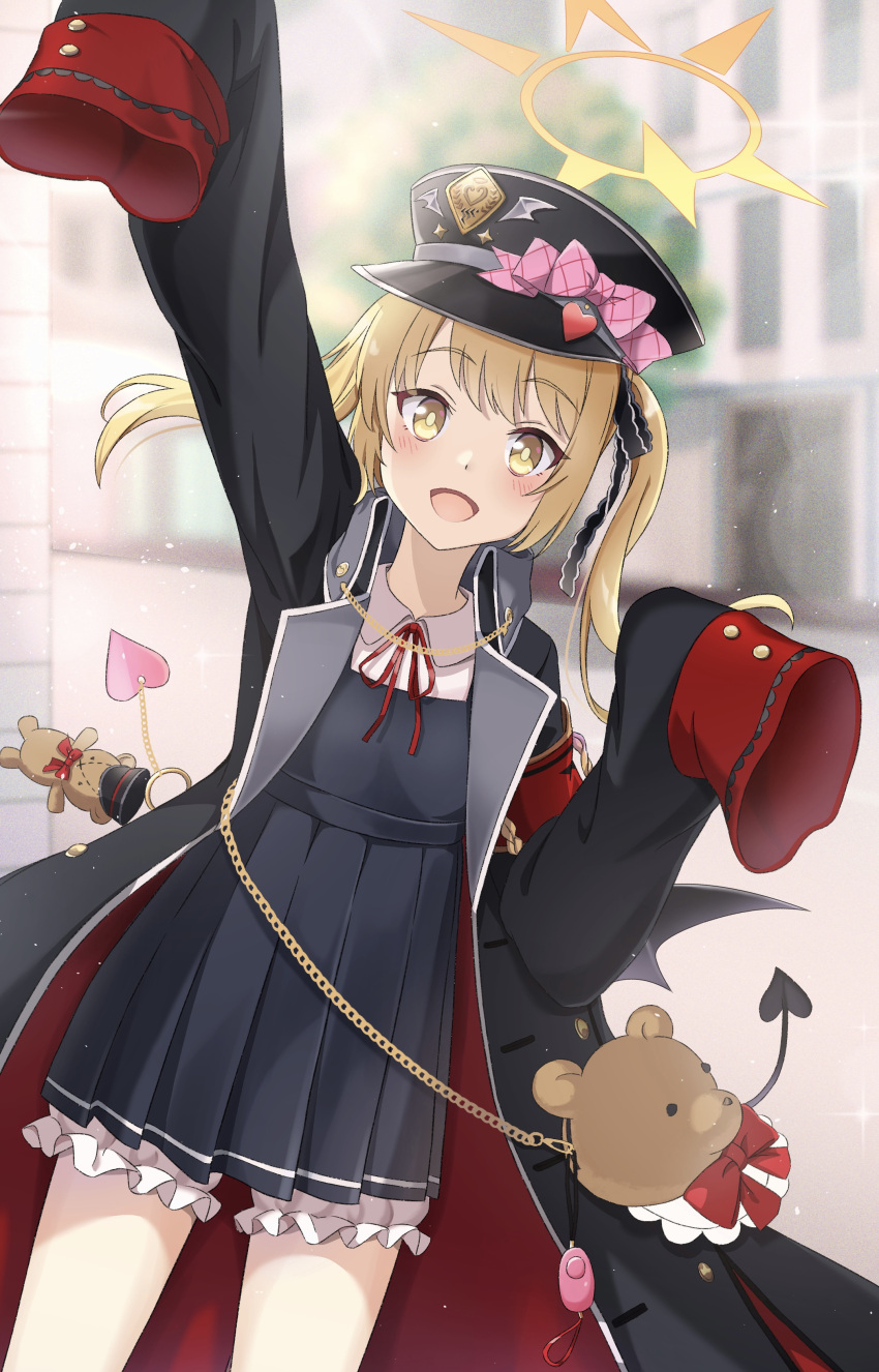 1girl absurdres black_coat black_dress black_headwear black_tail black_wings blonde_hair blue_archive blush coat collared_shirt cowboy_shot demon_tail demon_wings dress halo hat highres ibuki_(blue_archive) kippei long_hair looking_at_viewer open_clothes open_coat open_mouth peaked_cap shirt side_ponytail sleeves_past_fingers sleeves_past_wrists smile solo tail white_shirt wings yellow_eyes yellow_halo