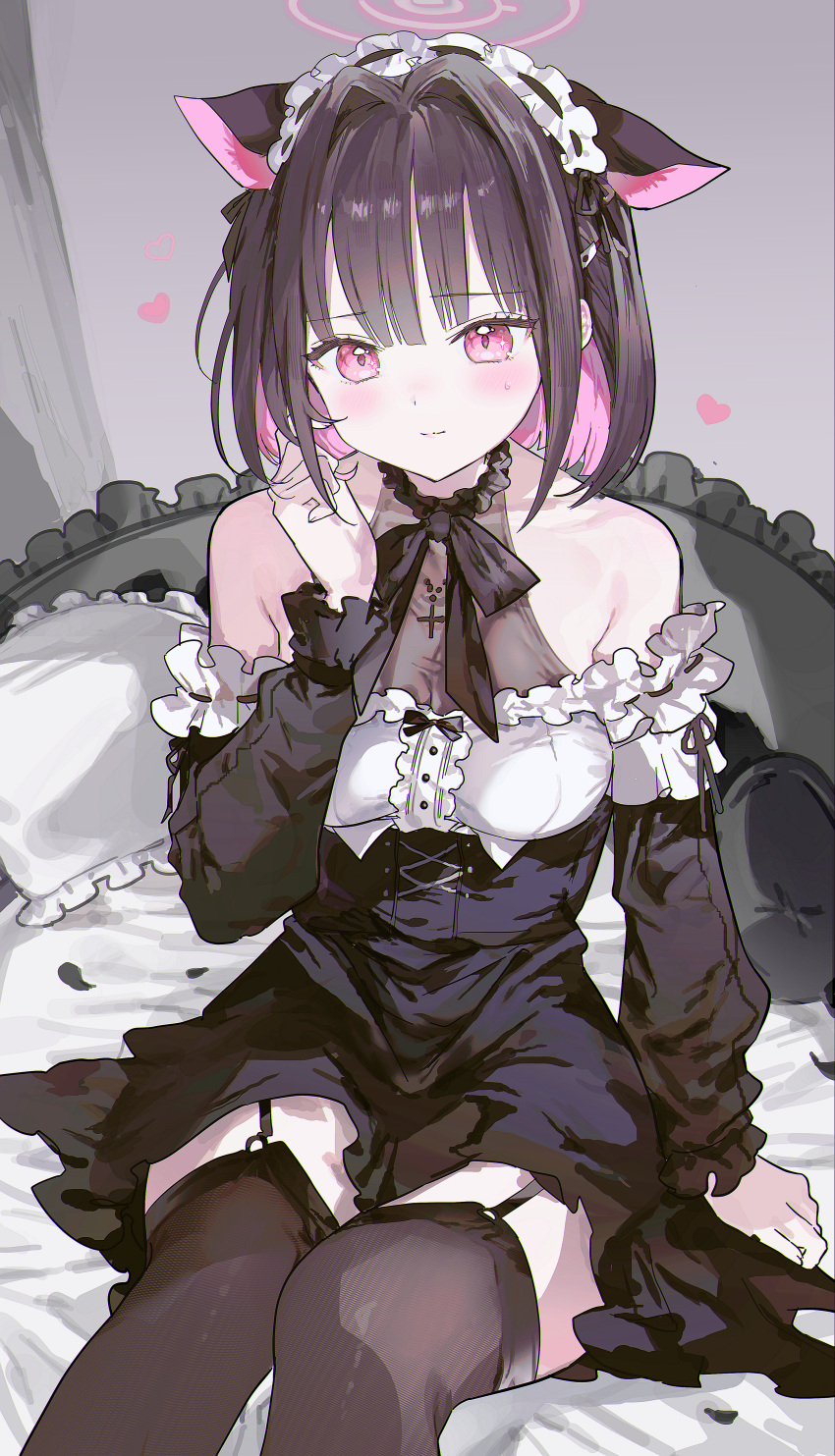 0202ase 1girl absurdres animal_ears bare_shoulders bed_sheet black_choker black_dress black_hair black_ribbon black_sleeves black_thighhighs blue_archive blush breasts cat_ears choker closed_mouth collarbone colored_inner_hair commentary cross cross_necklace detached_sleeves dress extra_ears frilled_choker frilled_sleeves frills garter_straps hair_intakes hair_ornament hair_twirling hairclip halo heart highres jewelry kazusa_(blue_archive) long_sleeves maid_headdress medium_hair multicolored_hair neck_ribbon necklace pillow pink_eyes pink_hair pink_halo pink_lips ribbon sitting solo sweatdrop thigh-highs thighs two-tone_hair underbust white_headdress