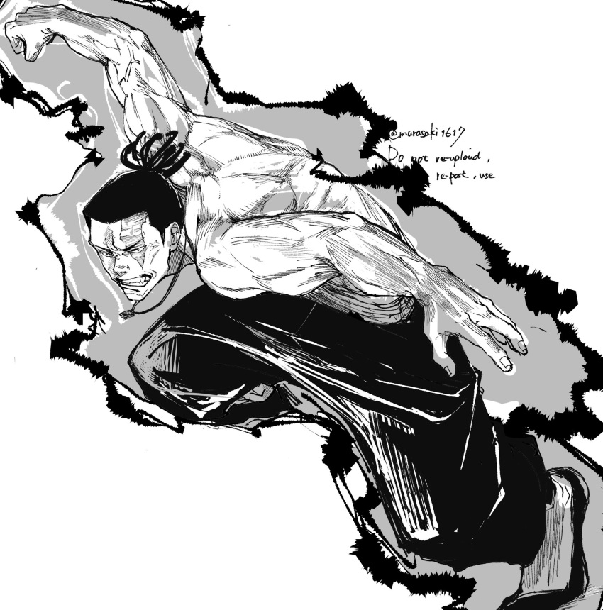 1boy aura fighting_stance from_above full_body greyscale highres jujutsu_kaisen legs_apart male_focus monochrome murasaki1617 muscular muscular_male outstretched_arms scar scar_across_eye short_hair sideburns solo spread_arms standing toudou_aoi_(jujutsu_kaisen)