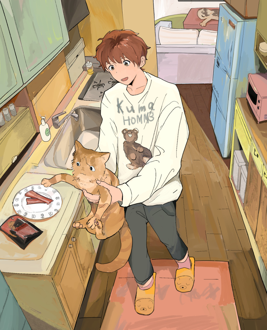 1boy animal animal_print bacon bear_print box brown_hair cat clothes_writing commentary cupboard drawer english_commentary faucet food full_body ga_soka grey_pants highres holding holding_animal holding_cat indoors kitchen long_sleeves looking_at_food male_focus mat meat microwave mixed-language_commentary open_mouth orange_cat orange_footwear original pants pillow plate print_shirt reaching refrigerator shirt short_hair sink slippers smile soap_bottle solo standing stove white_shirt wooden_floor