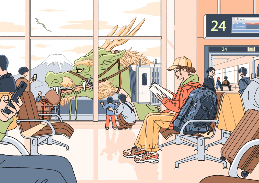 4girls 6+boys against_window backpack bag baseball_cap blue_bag brown_footwear brown_hair brown_pants chair child chinese_zodiac closed_mouth clouds dragon eastern_dragon father_and_son flight_attendant full_body gourd grey_pants hair_bun hand_up hands_up hat highres holding holding_phone hood hood_down hooded_jacket indoors jacket long_sleeves mizukawa_masaya mount_fuji multiple_boys multiple_girls new_year orange_jacket original pants phone reading rolling_suitcase shoes sky smile sneakers suitcase taking_picture travel_attendant white_sky window year_of_the_dragon yellow_headwear yellow_pants
