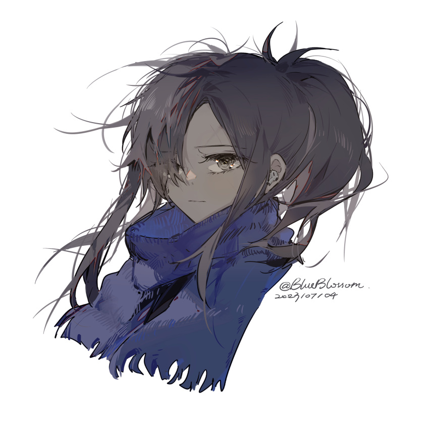 1girl absurdres angelia_(girls'_frontline) artist_name black_hair blue_scarf blueblossom brown_eyes dated english_commentary expressionless girls_frontline hair_over_one_eye head_only highres long_hair looking_at_viewer parted_bangs ponytail scar scar_on_face scar_on_forehead scarf sidelocks simple_background solo white_background