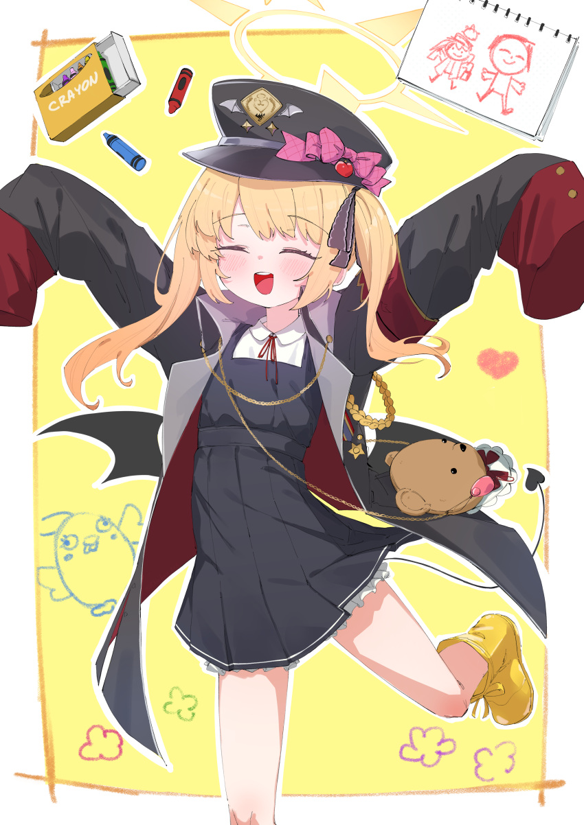 1girl absurdres black_dress black_headwear black_tail black_wings blonde_hair blue_archive blush boots closed_eyes collared_shirt crayon demon_tail demon_wings doodle_sensei_(blue_archive) dress foot_out_of_frame halo hat highres ibuki_(blue_archive) long_hair neck_ribbon open_mouth peaked_cap pinafore_dress red_ribbon ribbon rnekon215 sensei_(blue_archive) shirt side_ponytail sketchbook sleeveless sleeveless_dress sleeves_past_fingers sleeves_past_wrists smile solo tail white_shirt wings yellow_footwear yellow_halo