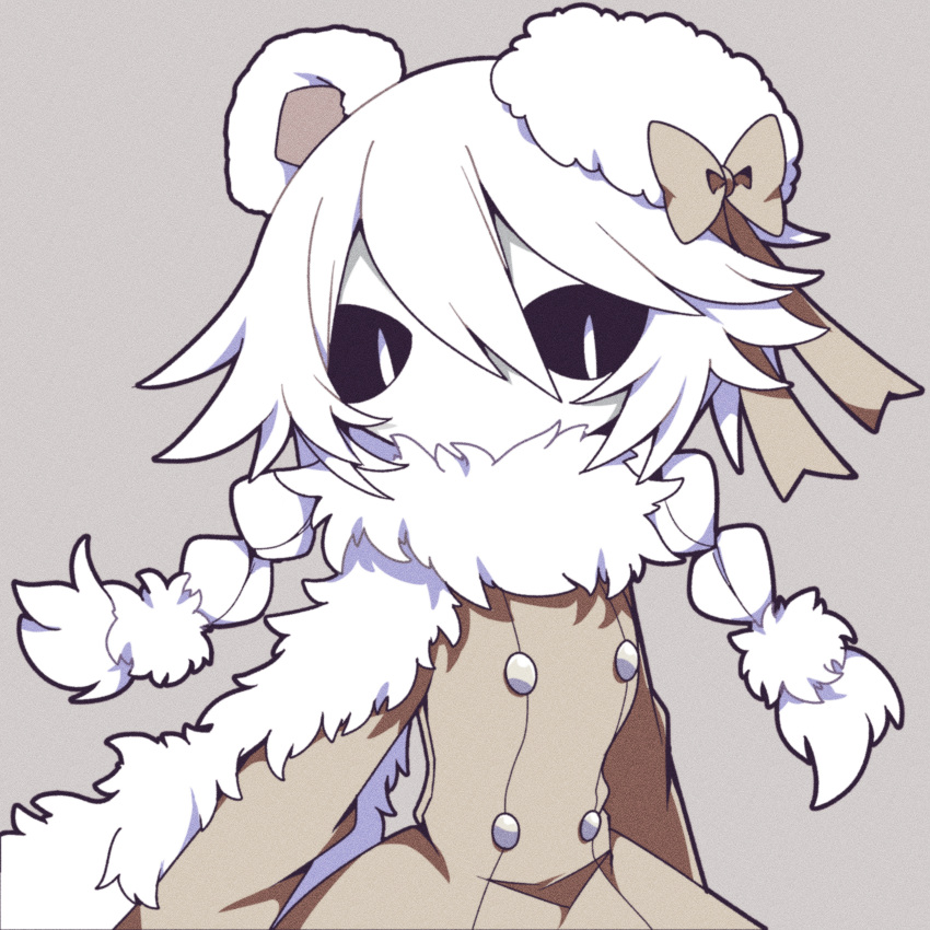 1girl animal_ears bear_ears bear_girl black_sclera braid coat colored_sclera colored_skin funamusea funamusea_(style) fur-trimmed_coat fur_hat fur_trim grey_background hair_between_eyes hashtag_only_commentary hat hat_ribbon highres ice_scream long_sleeves looking_at_viewer no_mouth no_nose official_style ribbon rocma_(ice_scream) sidelocks simple_background solo twin_braids white_eyes white_hair white_skin x_c_om