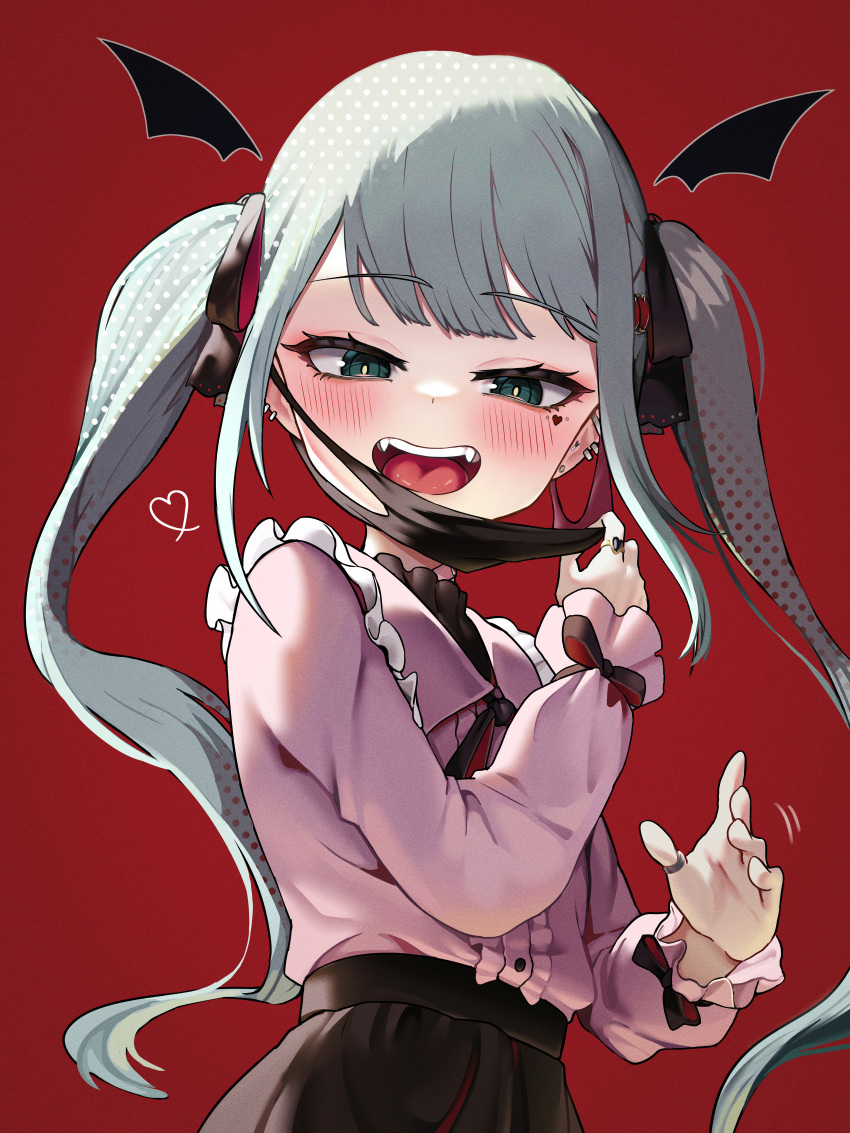 1girl absurdres aqua_hair bandaid bandaid_on_neck black_ribbon black_skirt commentary ear_piercing fangs frills green_eyes gro_(lee145879) hair_ribbon hatsune_miku heart highres jewelry jirai_kei long_hair long_sleeves looking_at_viewer mask mask_pull mouth_mask open_mouth piercing pink_shirt red_background ribbon ring shirt shirt_tucked_in simple_background skirt smile solo teeth tongue twintails upper_body upper_teeth_only vampire vampire_(vocaloid) vocaloid