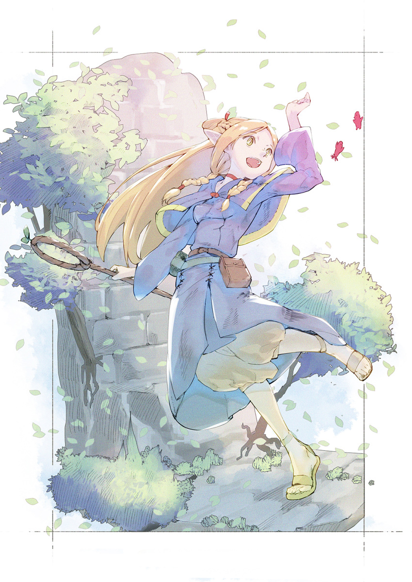 1girl belt belt_pouch blonde_hair blue_capelet blue_robe braid brown_belt buna_(beech_forest) bush capelet commentary_request dungeon_meshi full_body green_eyes hand_up highres holding holding_staff long_hair long_sleeves marcille_donato open_mouth pointy_ears pouch robe sandals smile solo staff standing standing_on_one_leg tree
