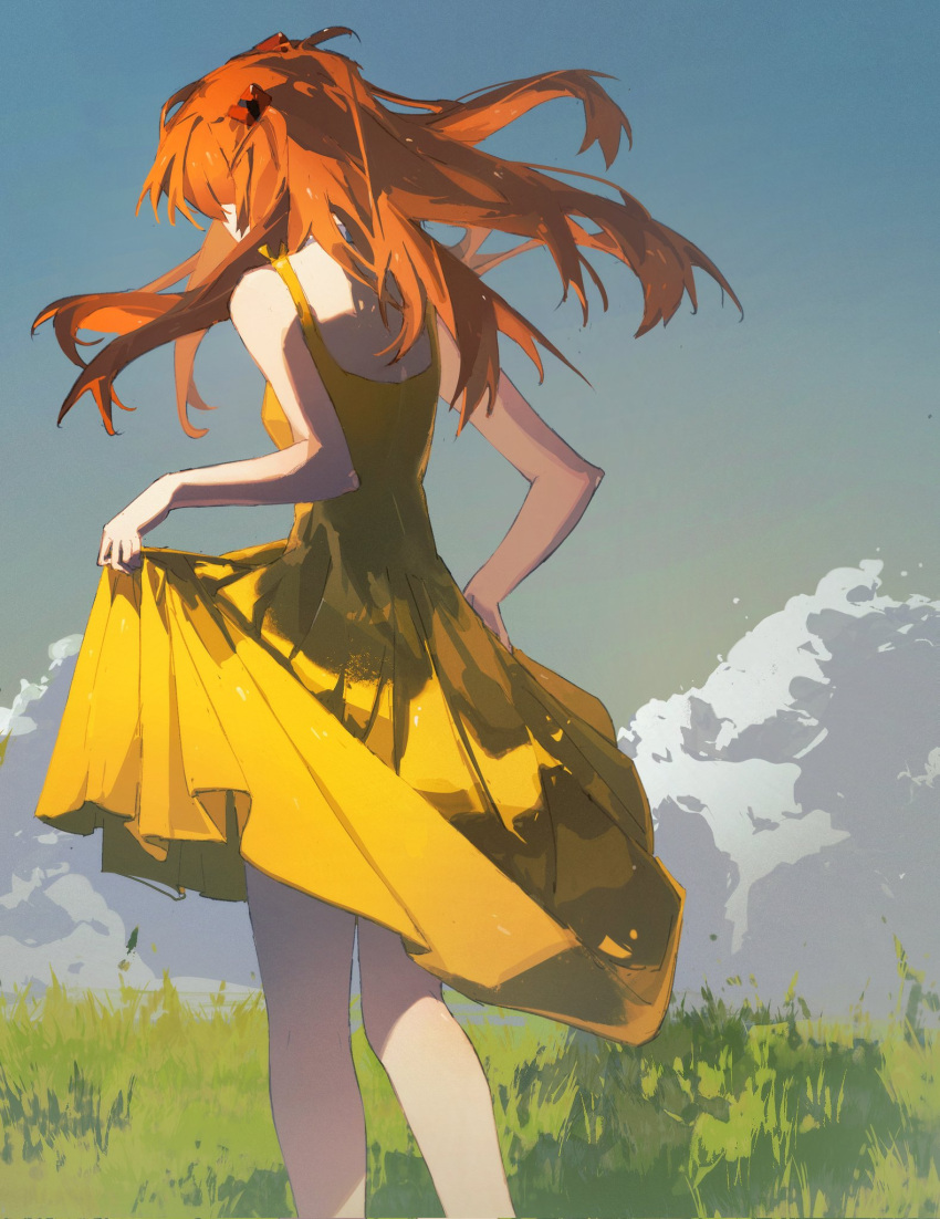 1girl back bare_shoulders breasts choker clothes_lift clouds cloudy_sky day dress eliza_804 feet_out_of_frame floating_hair from_behind grass hairpods highres kneepits long_hair median_furrow neon_genesis_evangelion orange_hair outdoors skirt_hold sky small_breasts solo souryuu_asuka_langley standing straight_hair two_side_up white_choker yellow_dress