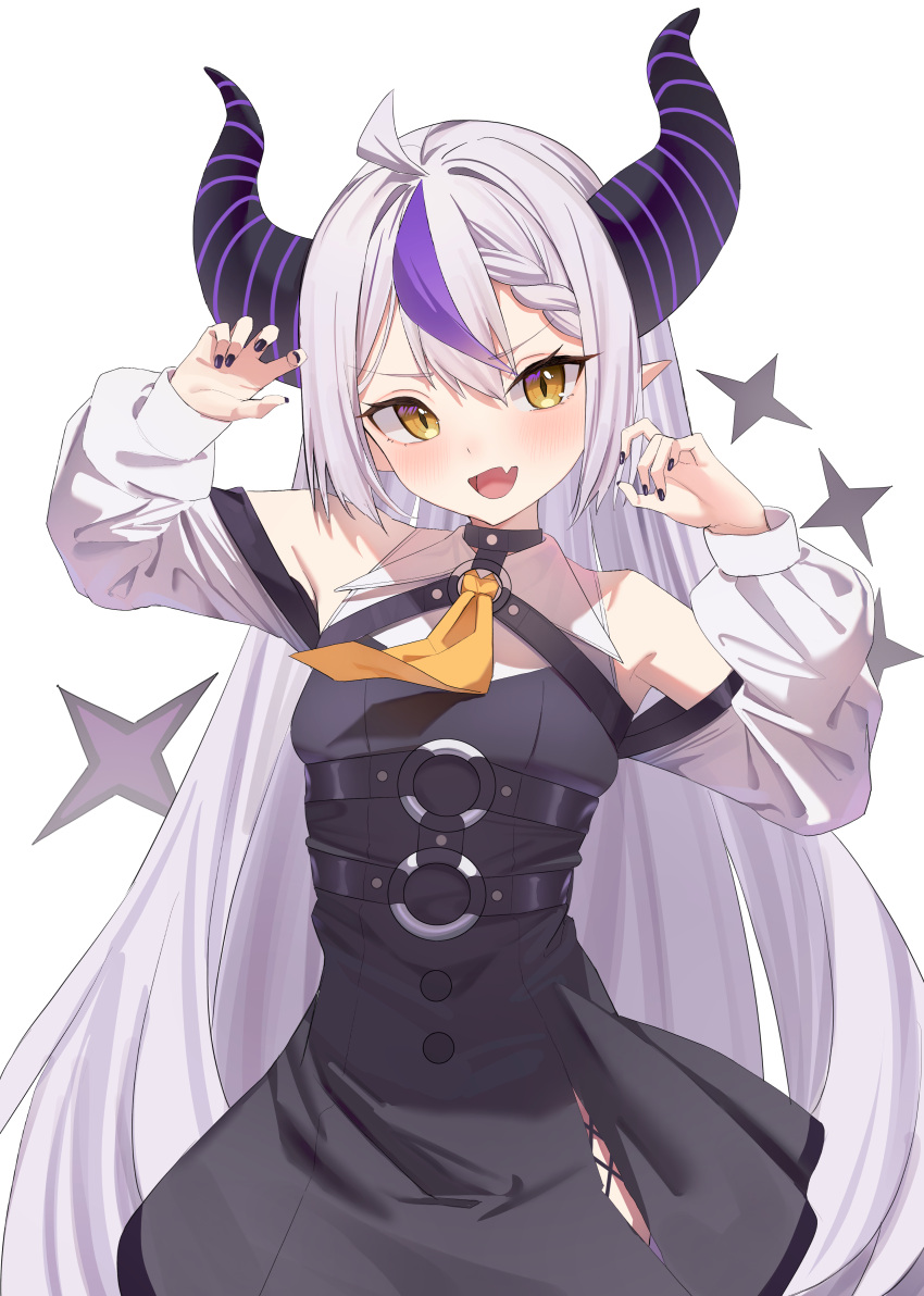 1girl absurdres ahoge bare_shoulders black_dress black_horns black_nails braid breasts commentary_request cowboy_shot detached_sleeves dress fang grey_hair hanamaru_tsubaki hands_up highres hololive horns la+_darknesss long_hair long_sleeves looking_at_viewer multicolored_hair o-ring open_mouth paw_pose pointy_ears purple_hair simple_background skin_fang slit_pupils small_breasts smile solo streaked_hair very_long_hair virtual_youtuber white_background yellow_eyes
