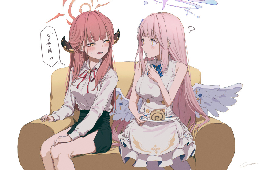 2girls ? absurdres angel_wings aru_(blue_archive) black_skirt blue_archive blush breasts brown_horns cake collared_shirt couch demon_horns dress dress_shirt feathered_wings flower food fork frilled_ribbon frills hair_bun hair_flower hair_ornament halo high-waist_skirt highres holding holding_fork horns large_breasts long_hair long_sleeves low_wings mika_(blue_archive) multiple_girls neck_ribbon necktie open_mouth pantyhose pencil_skirt pink_hair pink_halo red_halo redhead ribbon shirt shirt_tucked_in single_side_bun skirt spoken_question_mark sweatdrop swiss_roll tea_party_(blue_archive) translation_request white_dress white_pantyhose white_shirt white_wings wing_ornament wings yellow_eyes yo_na