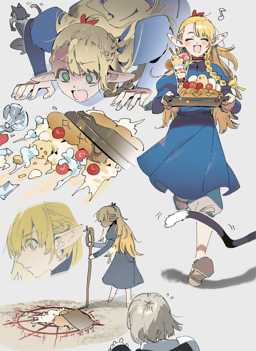 3girls ambrosia_(dungeon_meshi) black_fur black_hair blonde_hair blue_robe braid cake cat_girl cherry choker dungeon_meshi elf falin_thorden food fruit gapamopa green_eyes highres holding holding_staff holding_tray izutsumi long_hair magic_circle marcille_donato multiple_girls musical_note parfait pointy_ears red_choker robe sandals short_hair spoken_musical_note staff sweatdrop tray